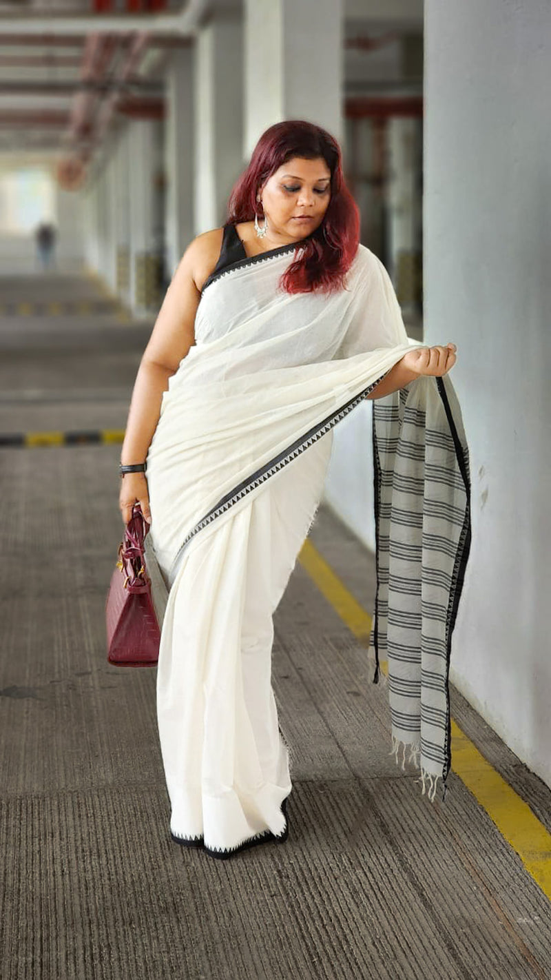 White handloom saree with black woven border, elegant office wear saree by RURIethnic